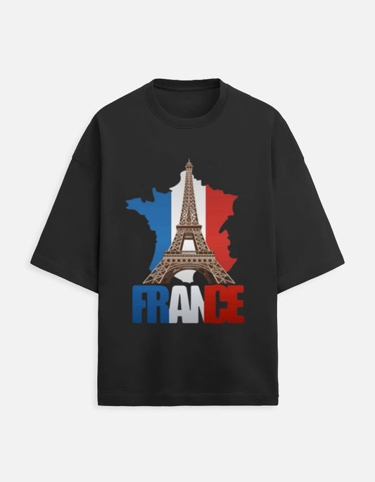 black unisex terry oversized travel t-shirt with france graphic design