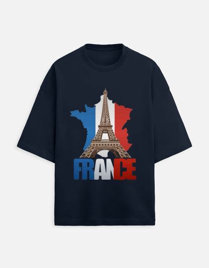 dark blue unisex terry oversized travel t-shirt with france graphic design