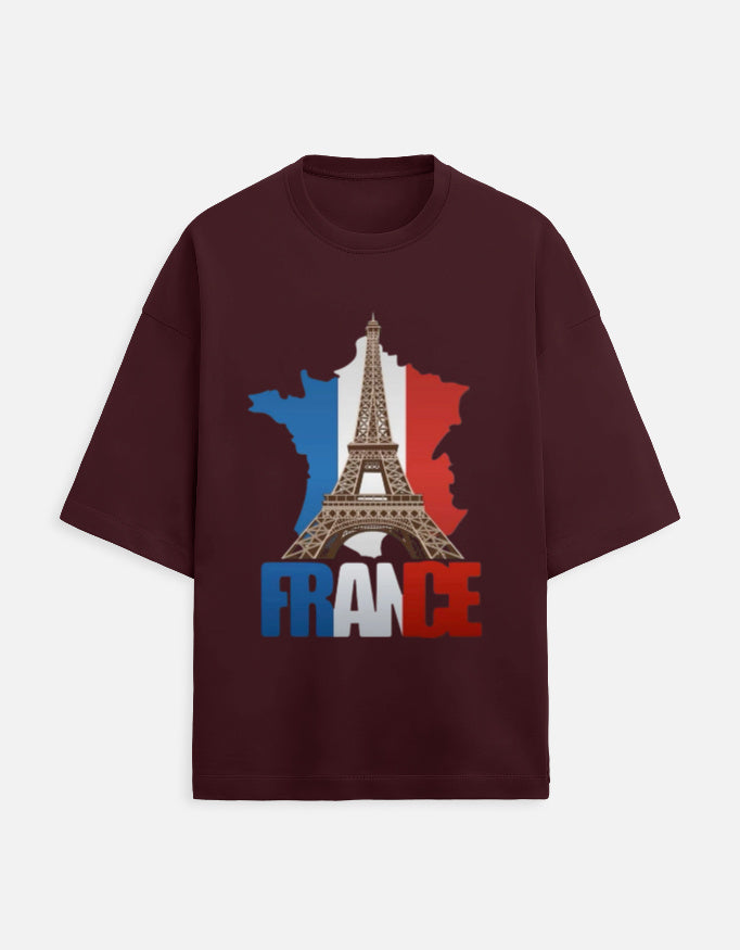 maroon unisex terry oversized travel t-shirt with france graphic design