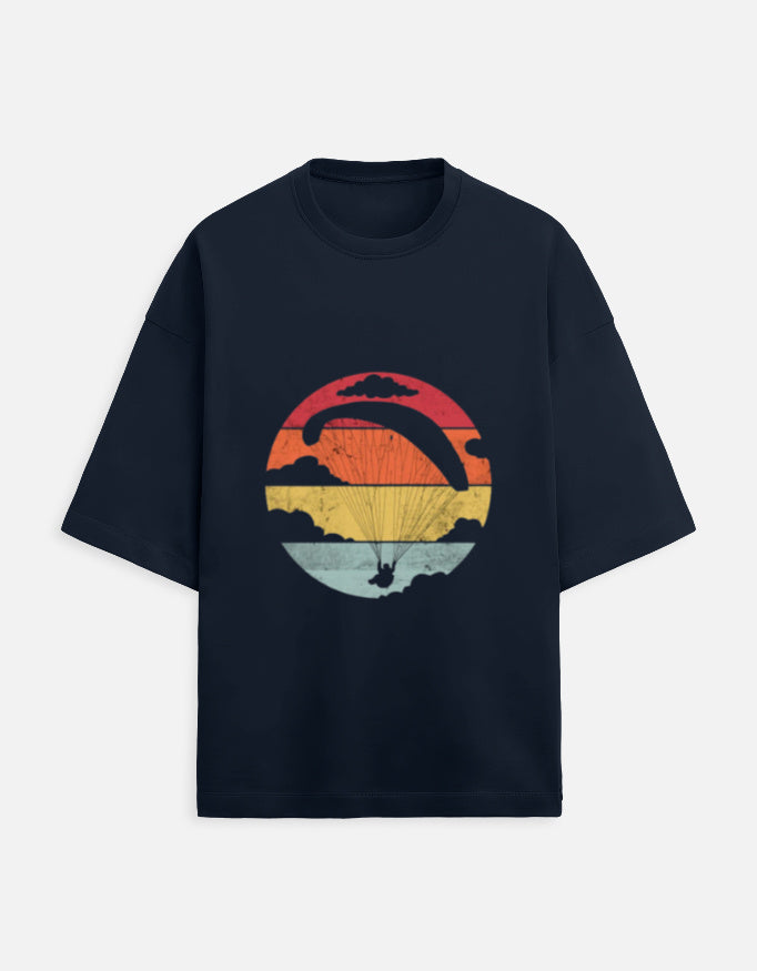 navy blue unisex terry oversized travel t-shirt with gliding graphic design