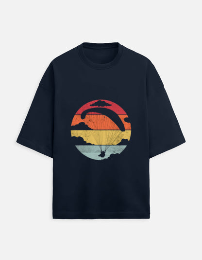 navy blue unisex terry oversized travel t-shirt with gliding graphic design