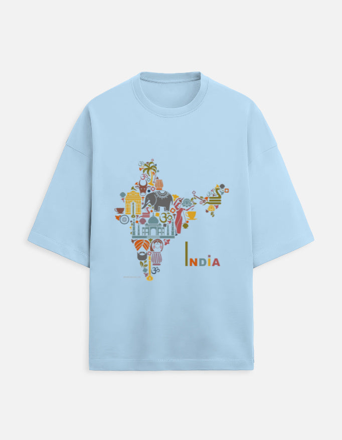 baby blue unisex terry oversized travel t-shirt with India graphic design