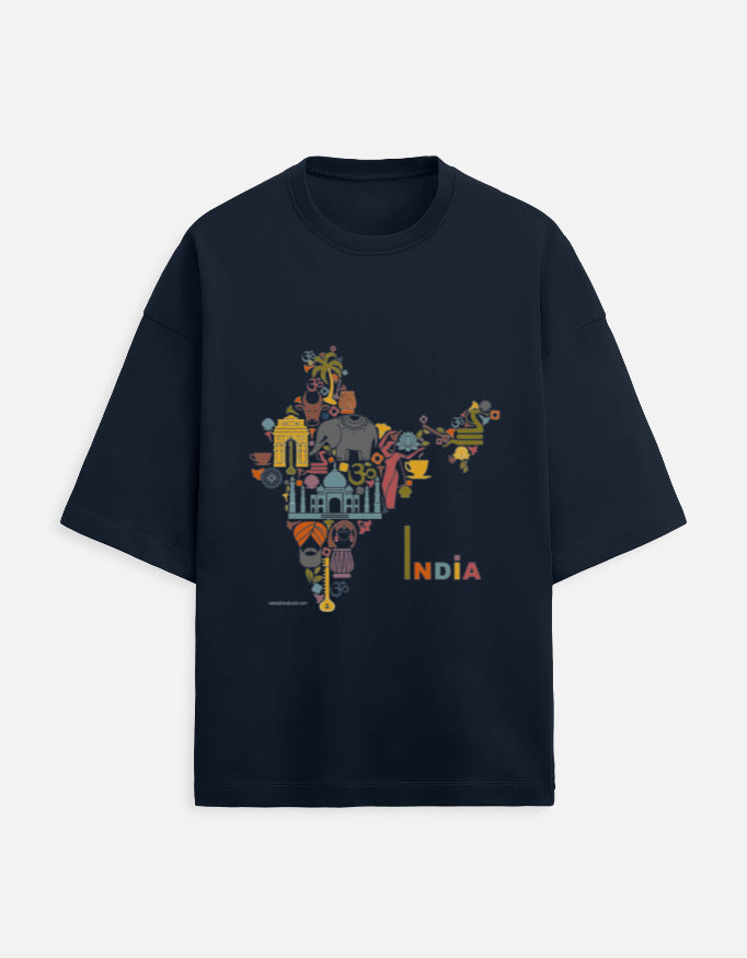dark blue unisex terry oversized travel t-shirt with India graphic design