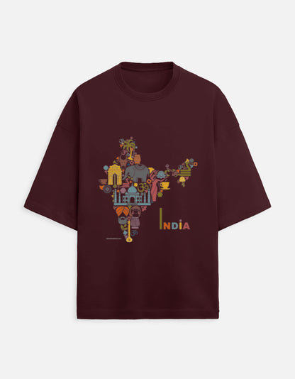maroon unisex terry oversized travel t-shirt with India graphic design