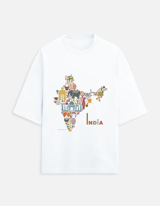 White unisex terry oversized travel t-shirt with India graphic design