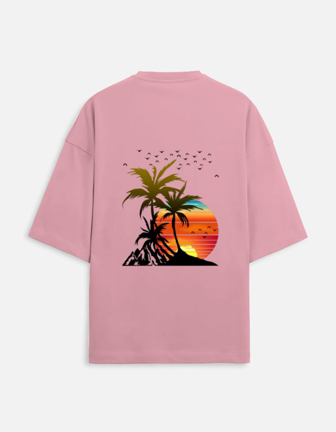 flamingo unisex terry oversized travel t-shirt with island graphic design