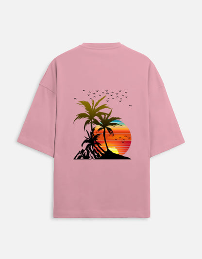 flamingo unisex terry oversized travel t-shirt with island graphic design