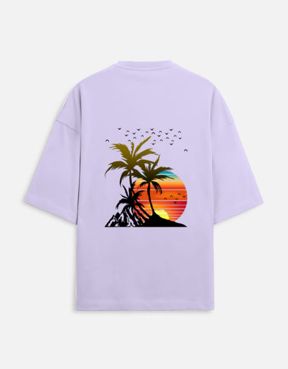 lavender unisex terry oversized travel t-shirt with island graphic design