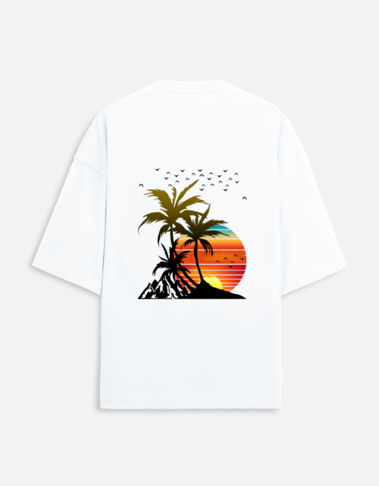 White unisex terry oversized travel t-shirt with island graphic design