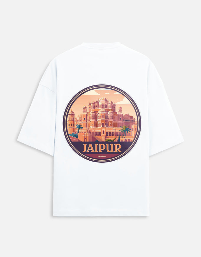white unisex terry oversized travel t-shirt with jaipur graphic design
