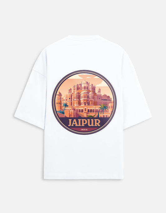 white unisex terry oversized travel t-shirt with jaipur graphic design