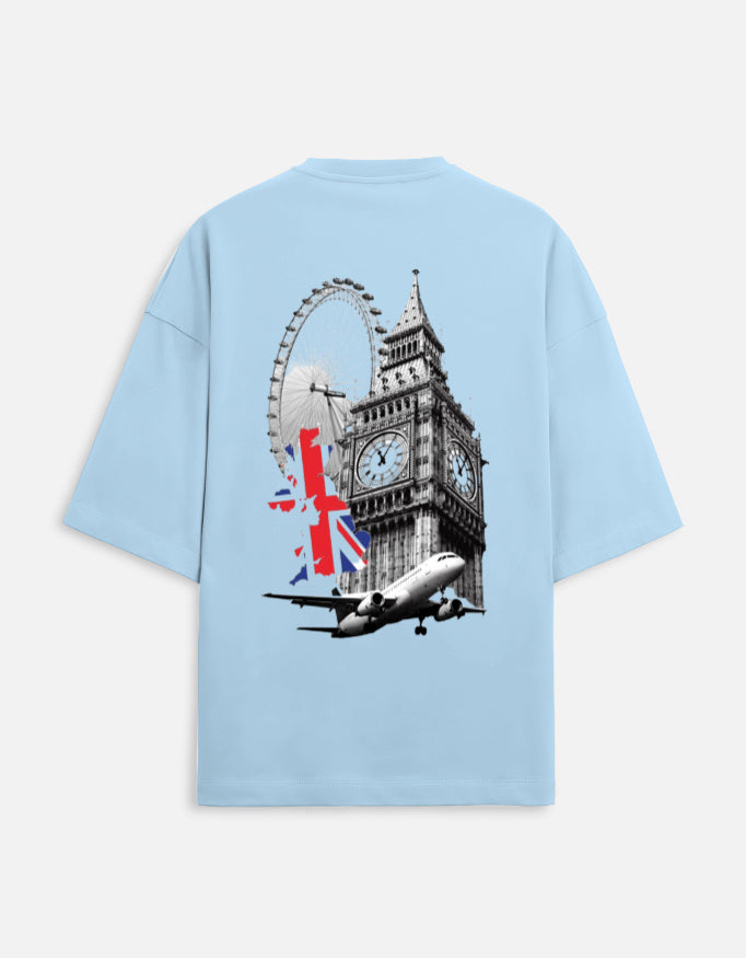 baby blue unisex terry oversized travel t-shirt with london graphic design