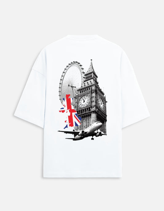 White unisex terry oversized travel t-shirt with london graphic design