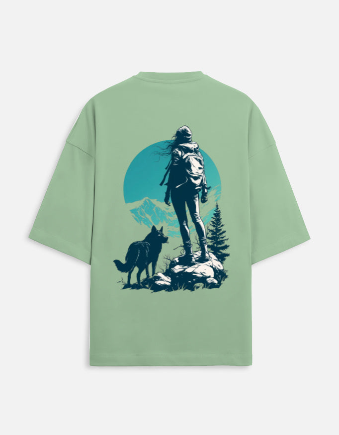 jade unisex terry oversized travel t-shirt with mountain-adventure graphic design