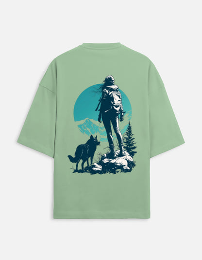 jade unisex terry oversized travel t-shirt with mountain-adventure graphic design