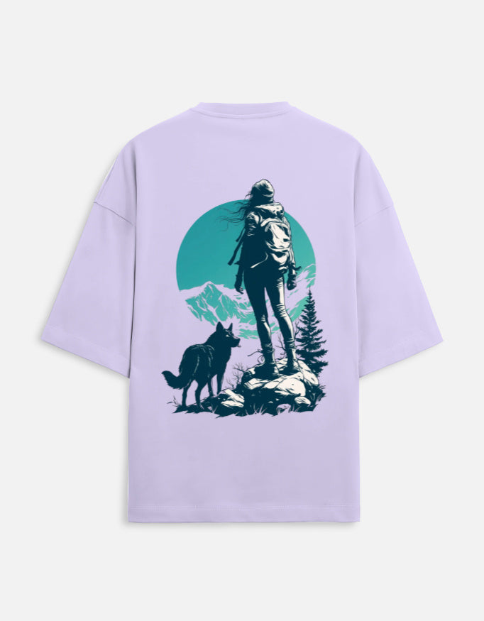 lavender unisex terry oversized travel t-shirt with mountain-adventure graphic design