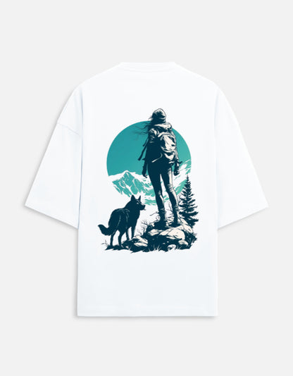 White unisex terry oversized travel t-shirt with mountain-adventure graphic design