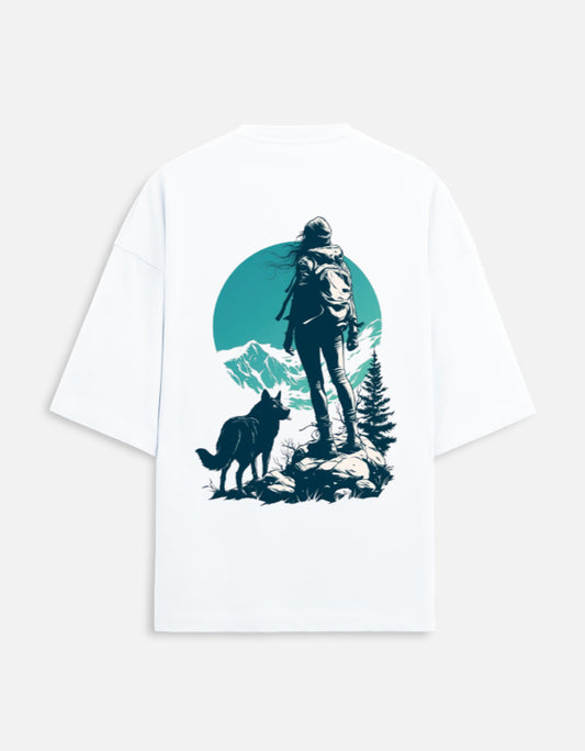 White unisex terry oversized travel t-shirt with mountain-adventure graphic design