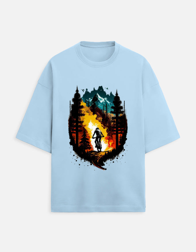 baby blue unisex terry oversized travel t-shirt with colorful mountain graphic design