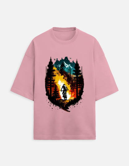 flamingo unisex terry oversized travel t-shirt with colorful mountain graphic design