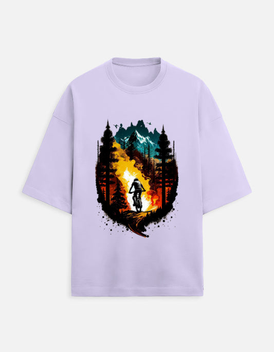 lavender unisex terry oversized travel t-shirt with colorful mountain graphic design