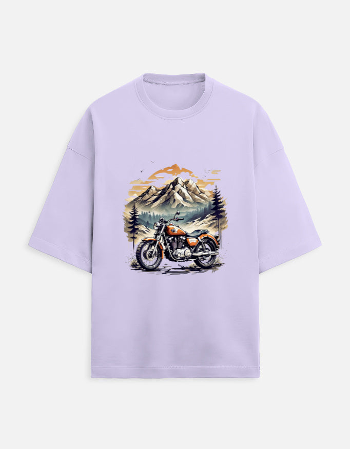 lavender unisex terry oversized travel t-shirt with mountain-ride graphic design