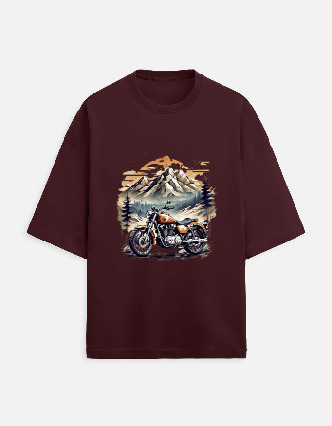 maroon unisex terry oversized travel t-shirt with mountain-ride graphic design