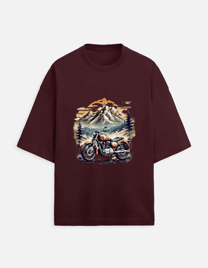 maroon unisex terry oversized travel t-shirt with mountain-ride graphic design