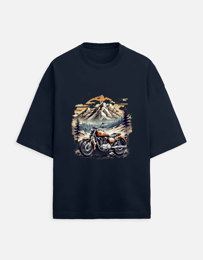 navy blue unisex terry oversized travel t-shirt with mountain-ride graphic design