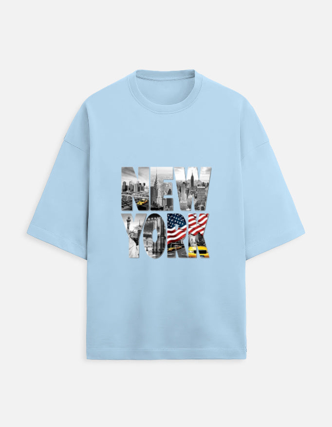 baby blue unisex terry oversized travel t-shirt with new york graphic design