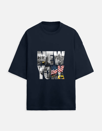 dark blue unisex terry oversized travel t-shirt with new york graphic 