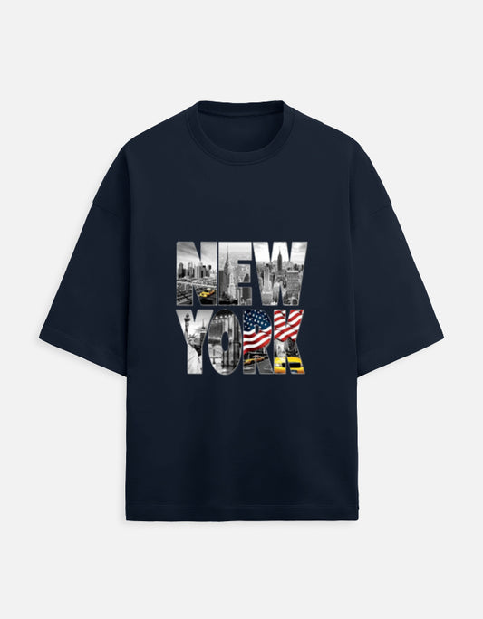 dark blue unisex terry oversized travel t-shirt with new york graphic 