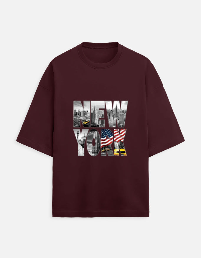 maroon unisex terry oversized travel t-shirt with new york graphic 