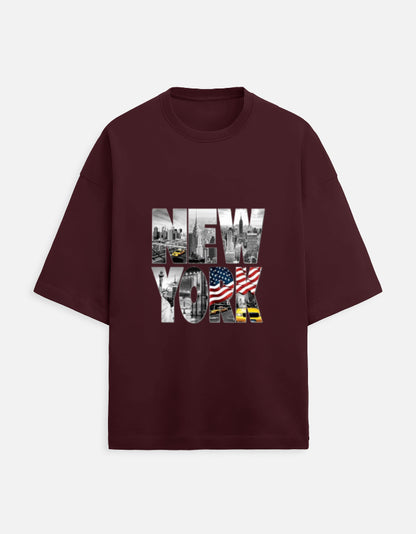 maroon unisex terry oversized travel t-shirt with new york graphic 