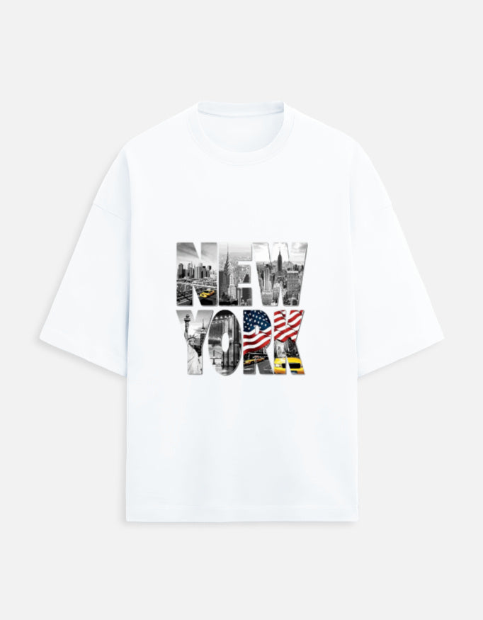 white unisex terry oversized travel t-shirt with new york graphic 