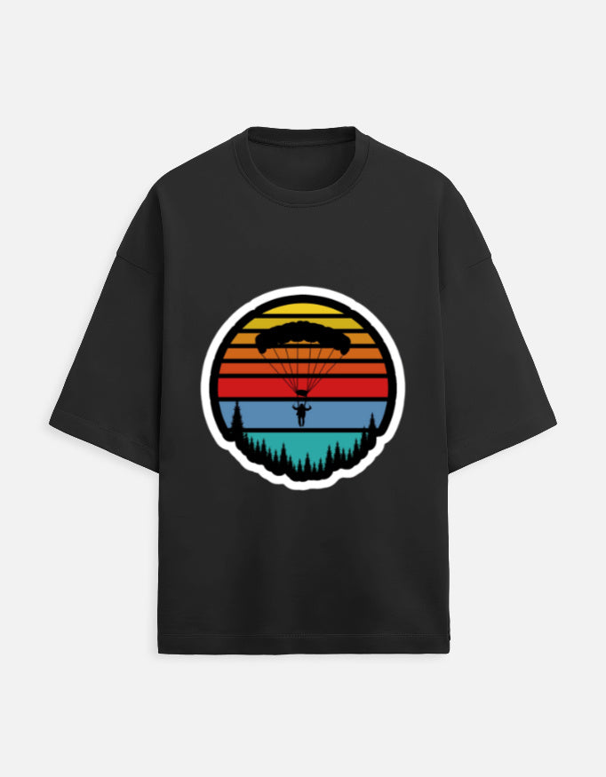 black unisex terry oversized travel t-shirt with tree graphic design