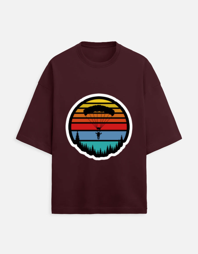 maroon unisex terry oversized travel t-shirt with tree graphic design