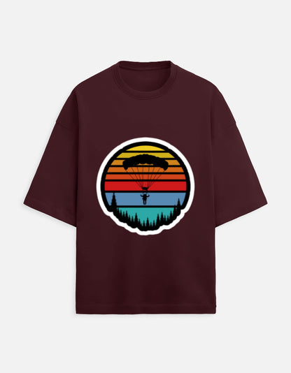 maroon unisex terry oversized travel t-shirt with tree graphic design