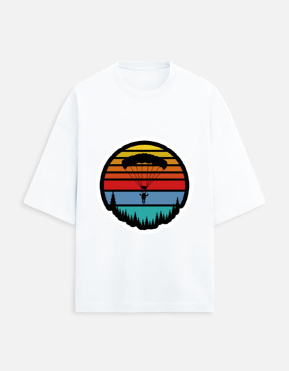 white unisex terry oversized travel t-shirt with tree graphic design