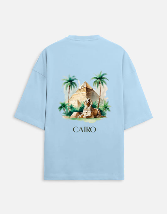 baby blue unisex terry oversized travel t-shirt with pyramid graphic design
