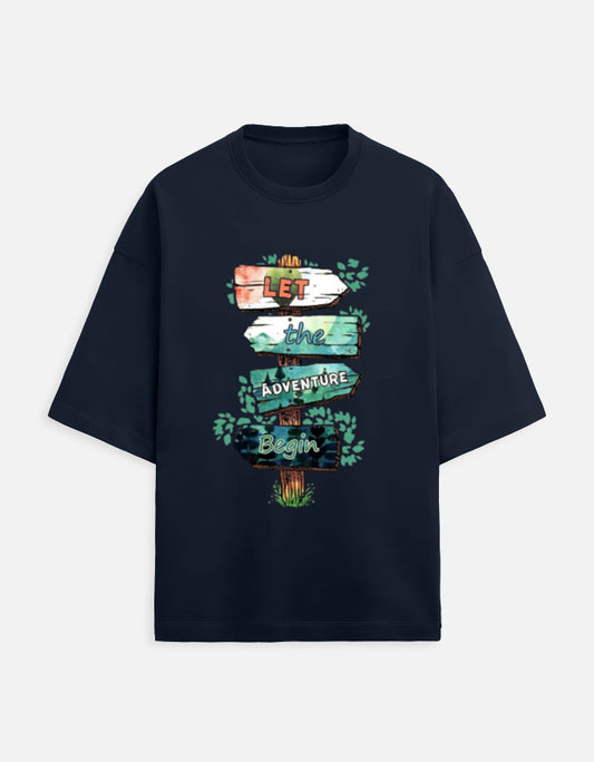dark blue unisex terry oversized travel t-shirt with travel quote graphic design