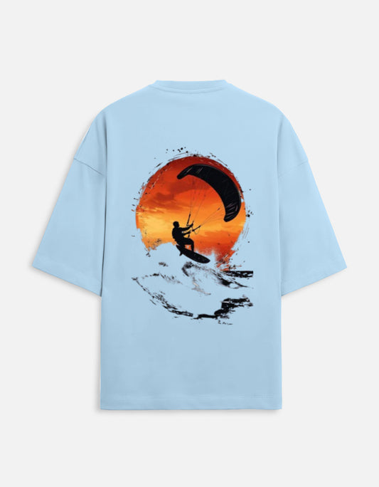 baby blue unisex terry oversized travel t-shirt with water gliding graphic design