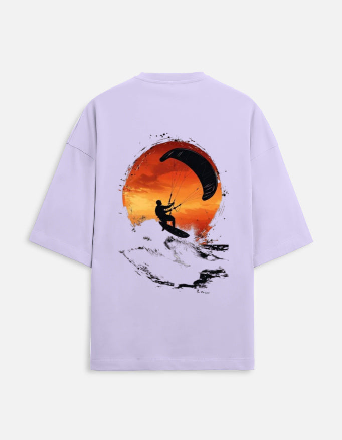 lavender unisex terry oversized travel t-shirt with water gliding graphic design