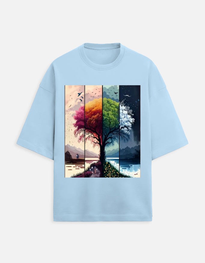 baby blue unisex terry oversized travel t-shirt with tree graphic design