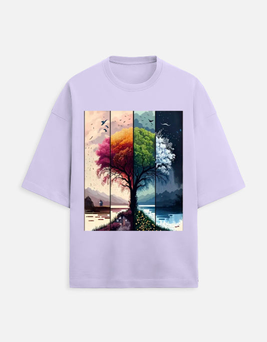 lavender unisex terry oversized travel t-shirt with tree graphic design