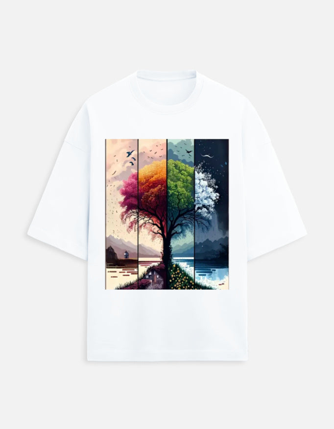 White unisex terry oversized travel t-shirt with tree graphic design